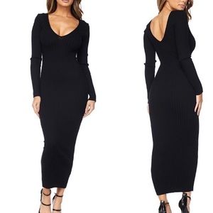 Deep v neck LONG SLEEVE RIB MIDI DRESS